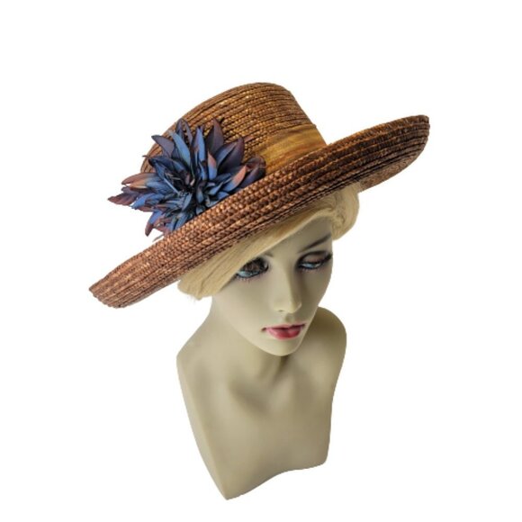 Brown Wide Brim Hat Light Braided Hat With Large Blue Flower Accent NEW! - Picture 6 of 11